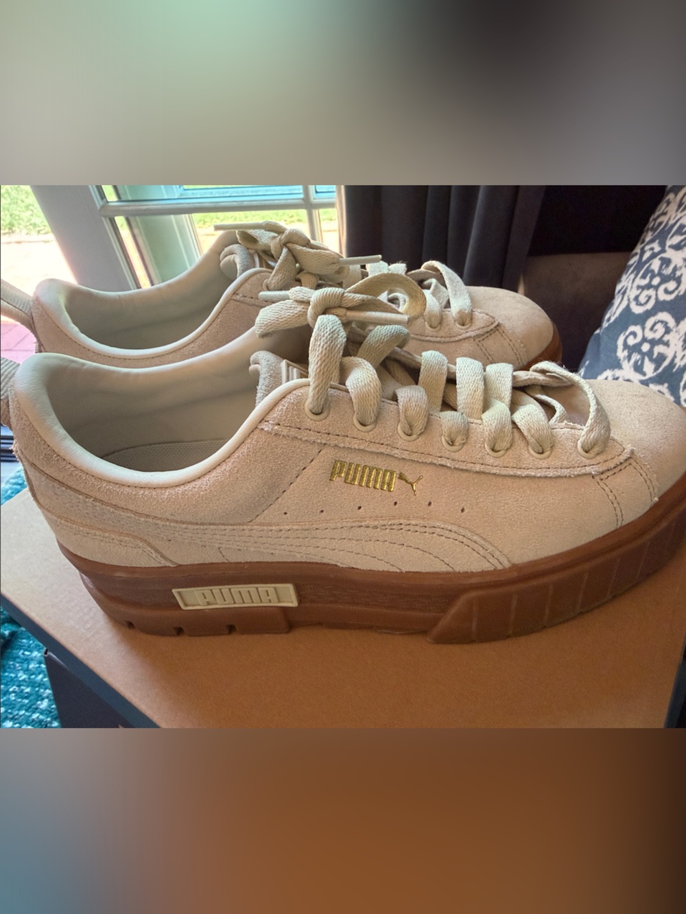 Puma Beige Suede Platform Sneakers with Brown Gum Sole